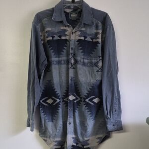 Woolrich Unisex Blue Aztec Long Sleeve Button Up Shirt In Brushed Flannel Sz L